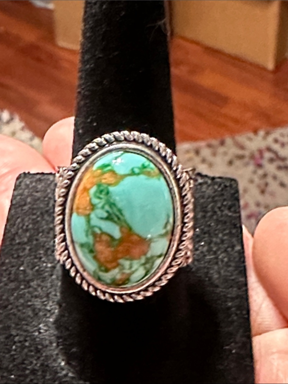 Native American sterling silver turquoise cabochon twisted rope flower ring 6.5